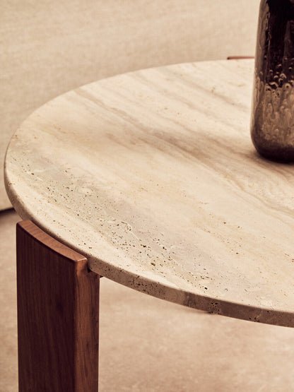 Natural Large Round Travertine Top Coffee Table with Brown Acacia Wood Legs | Palermo