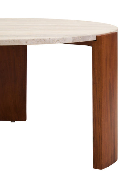 Natural Large Round Travertine Top Coffee Table with Brown Acacia Wood Legs | Palermo