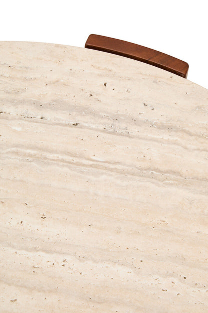 Natural Large Round Travertine Top Coffee Table with Brown Acacia Wood Legs | Palermo