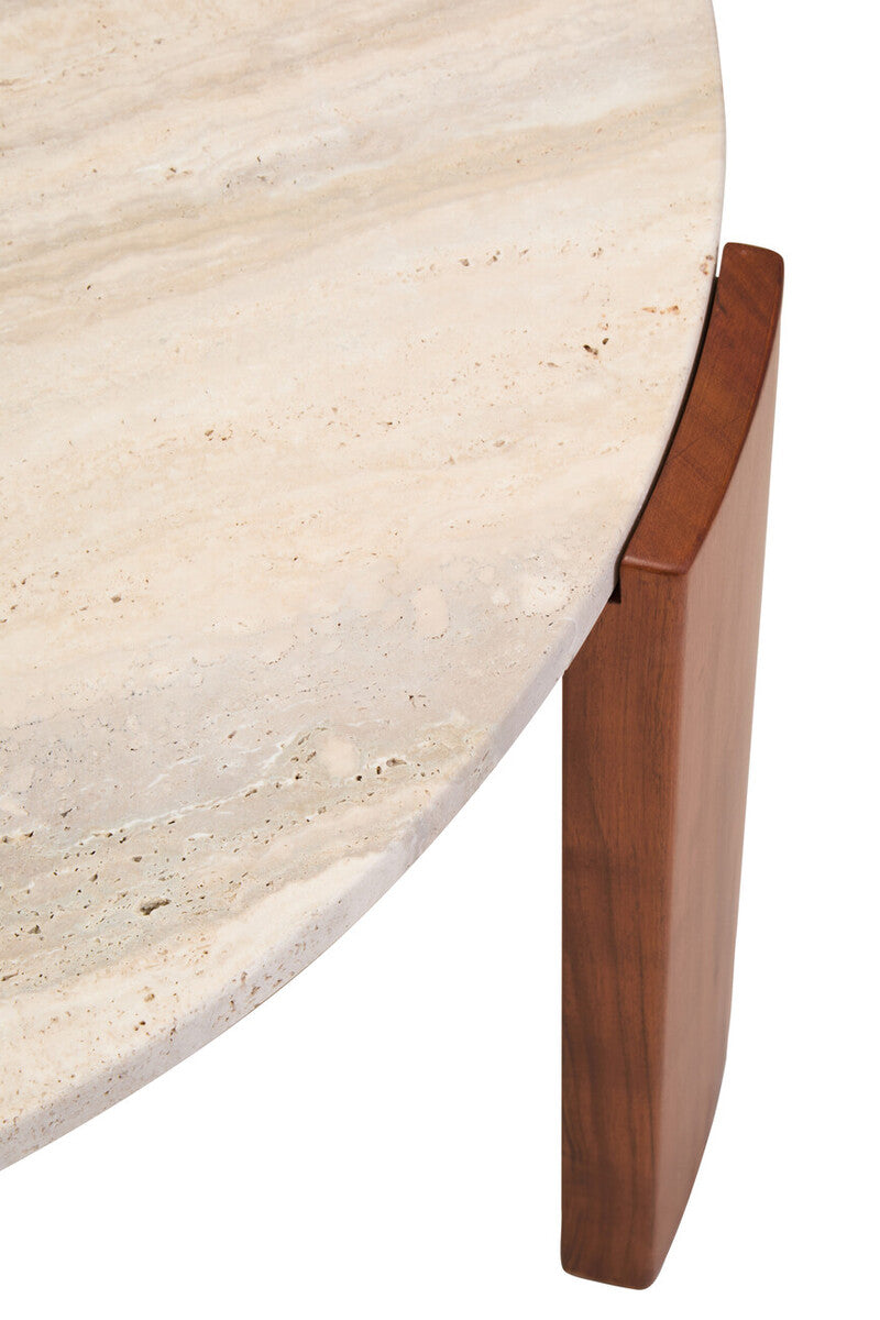 Natural Large Round Travertine Top Coffee Table with Brown Acacia Wood Legs | Palermo