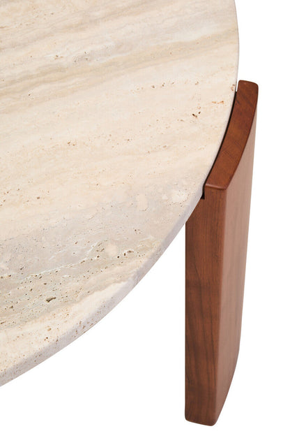 Natural Large Round Travertine Top Coffee Table with Brown Acacia Wood Legs | Palermo
