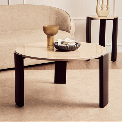 Cream Round Marble Top Large Coffee Table with Black Acacia Legs | Palermo