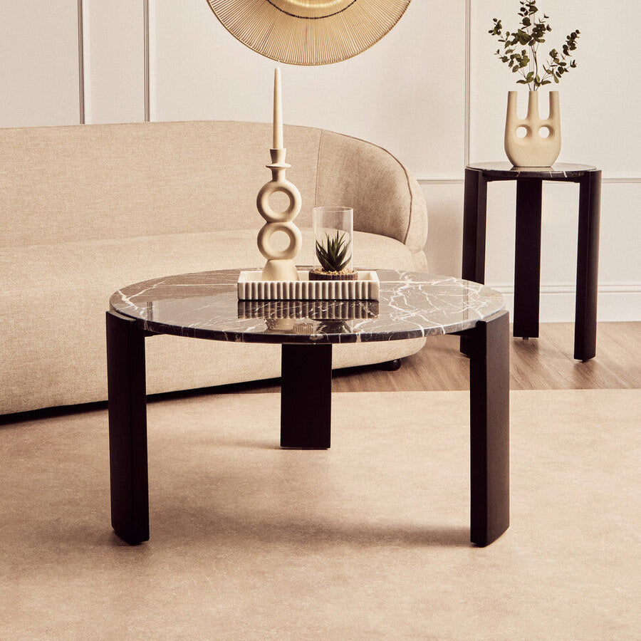 Black Round Marble Top Large Coffee Table with Black Acacia Legs | Palermo