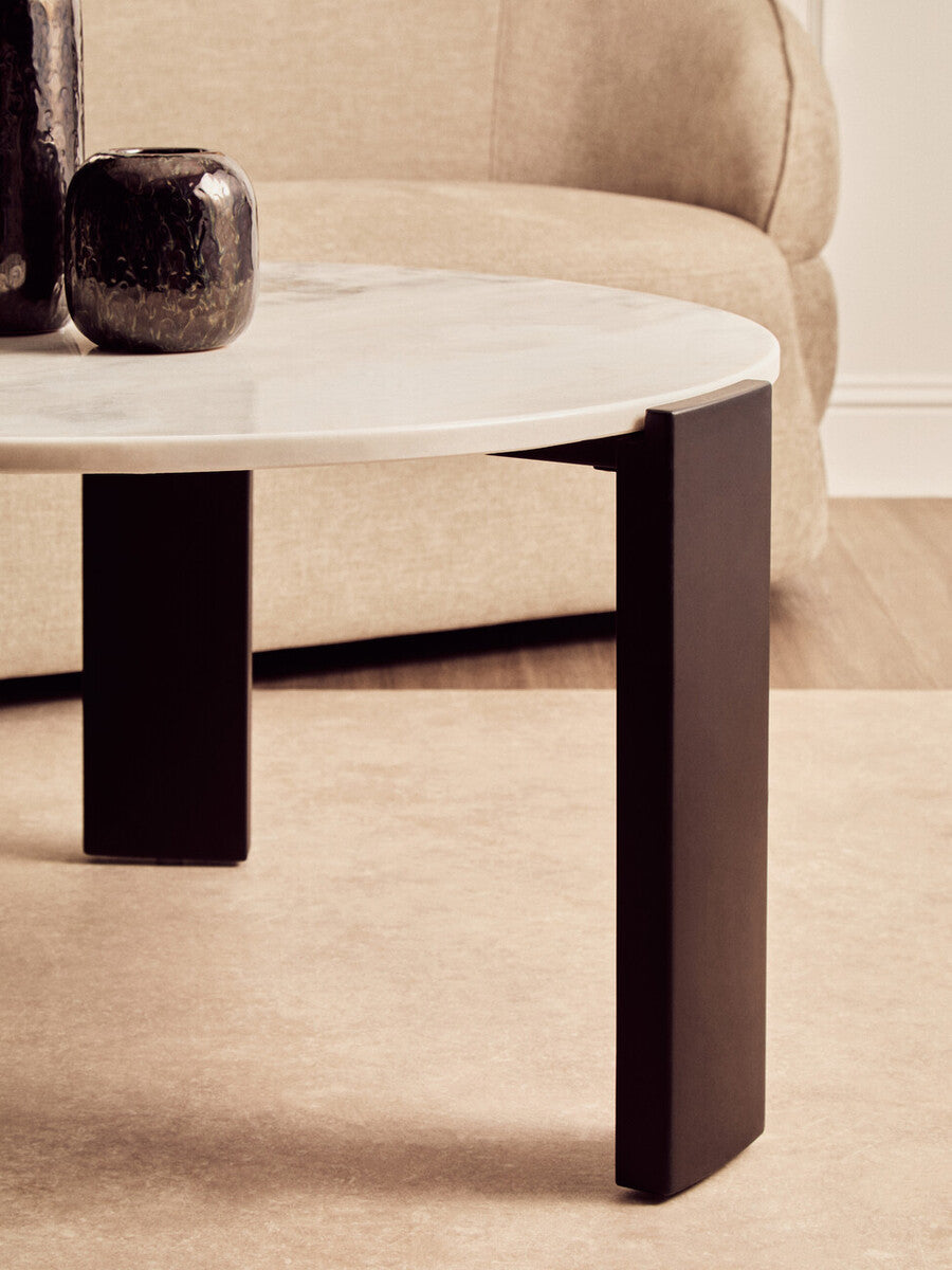 White Round Marble Top Large Coffee Table with Black Acacia Legs | Palermo