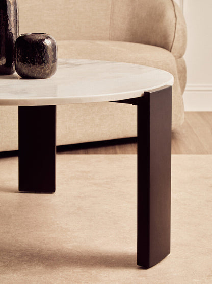 White Round Marble Top Large Coffee Table with Black Acacia Legs | Palermo