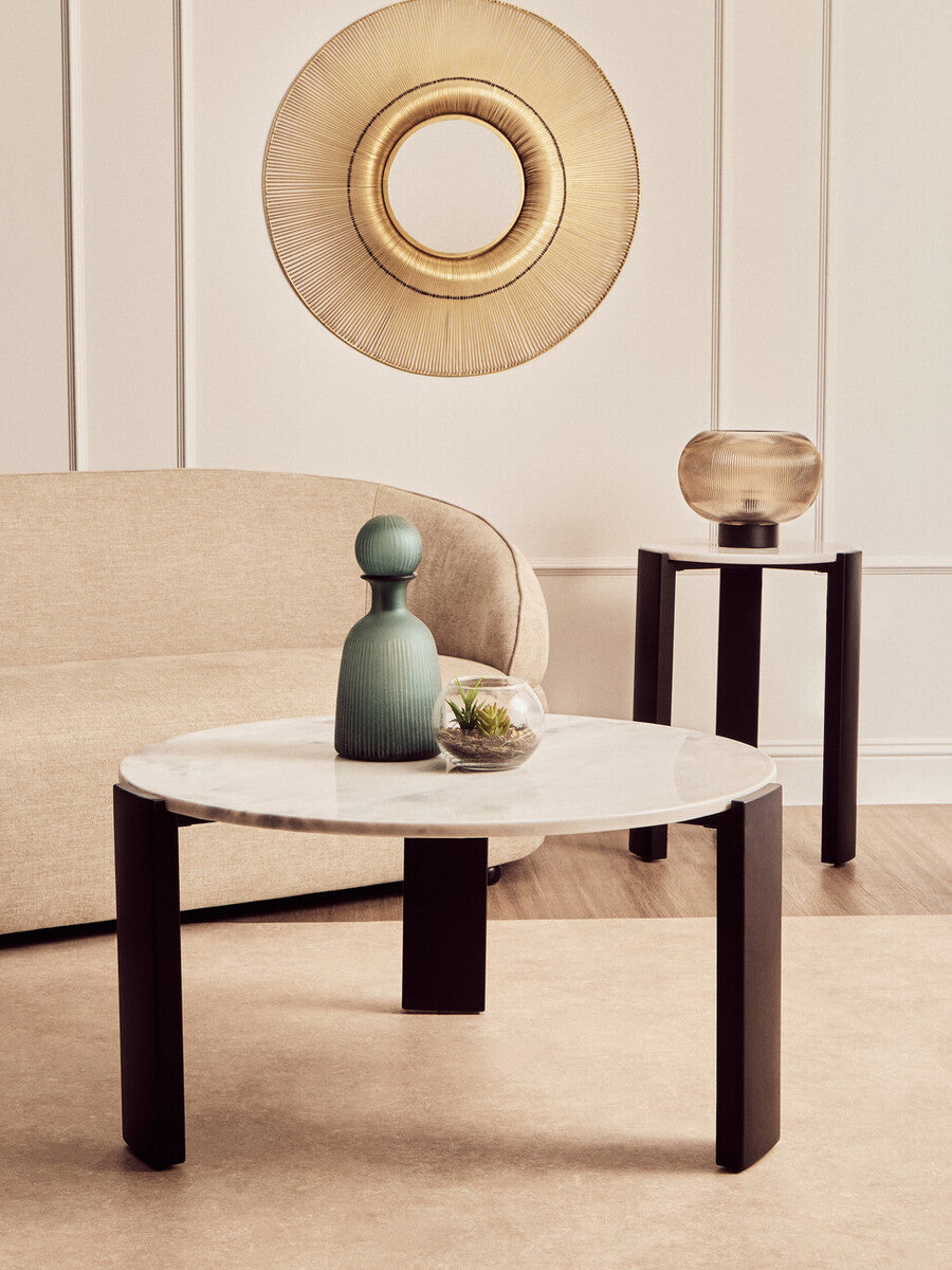 White Round Marble Top Large Coffee Table with Black Acacia Legs | Palermo
