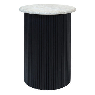 Cream Polished Travertine Top Side Table with Ridged Black Acacia Wood Cylindrical Base | Walton