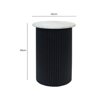 Cream Polished Travertine Top Side Table with Ridged Black Acacia Wood Cylindrical Base | Walton