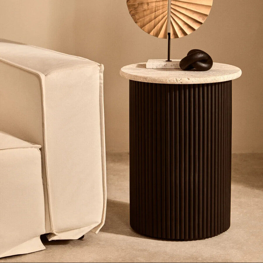 Cream Polished Travertine Top Side Table with Ridged Black Acacia Wood Cylindrical Base | Walton