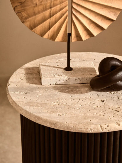 Cream Polished Travertine Top Side Table with Ridged Black Acacia Wood Cylindrical Base | Walton