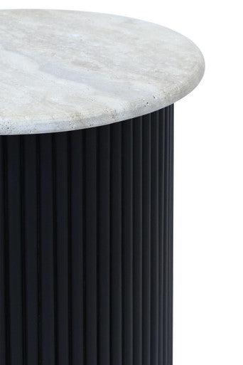 Cream Polished Travertine Top Side Table with Ridged Black Acacia Wood Cylindrical Base | Walton