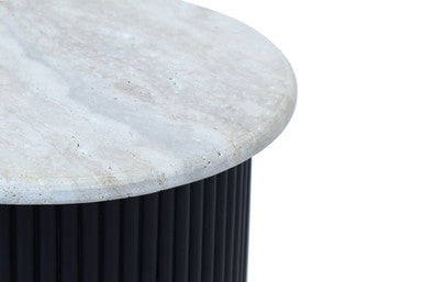 Cream Polished Travertine Top Side Table with Ridged Black Acacia Wood Cylindrical Base | Walton
