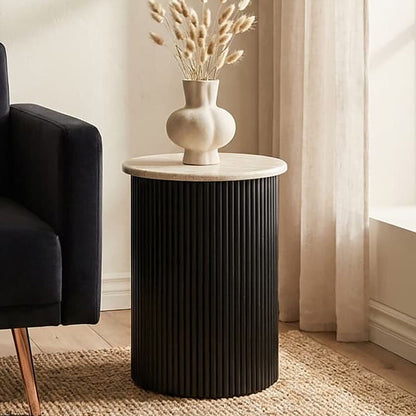Cream Polished Travertine Top Side Table with Ridged Black Acacia Wood Cylindrical Base | Walton