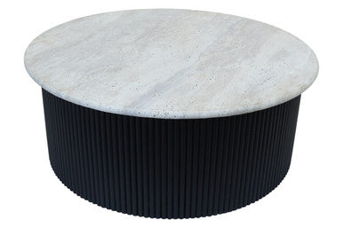 Cream Polished Travertine Top Coffee Table with Ridged Black Acacia Wood Drum Base | Walton