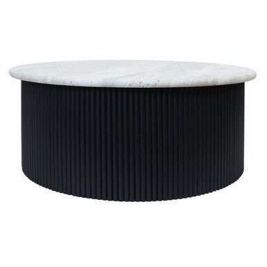 Cream Polished Travertine Top Coffee Table with Ridged Black Acacia Wood Drum Base | Walton
