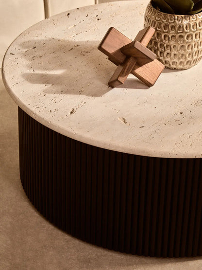 Cream Polished Travertine Top Coffee Table with Ridged Black Acacia Wood Drum Base | Walton