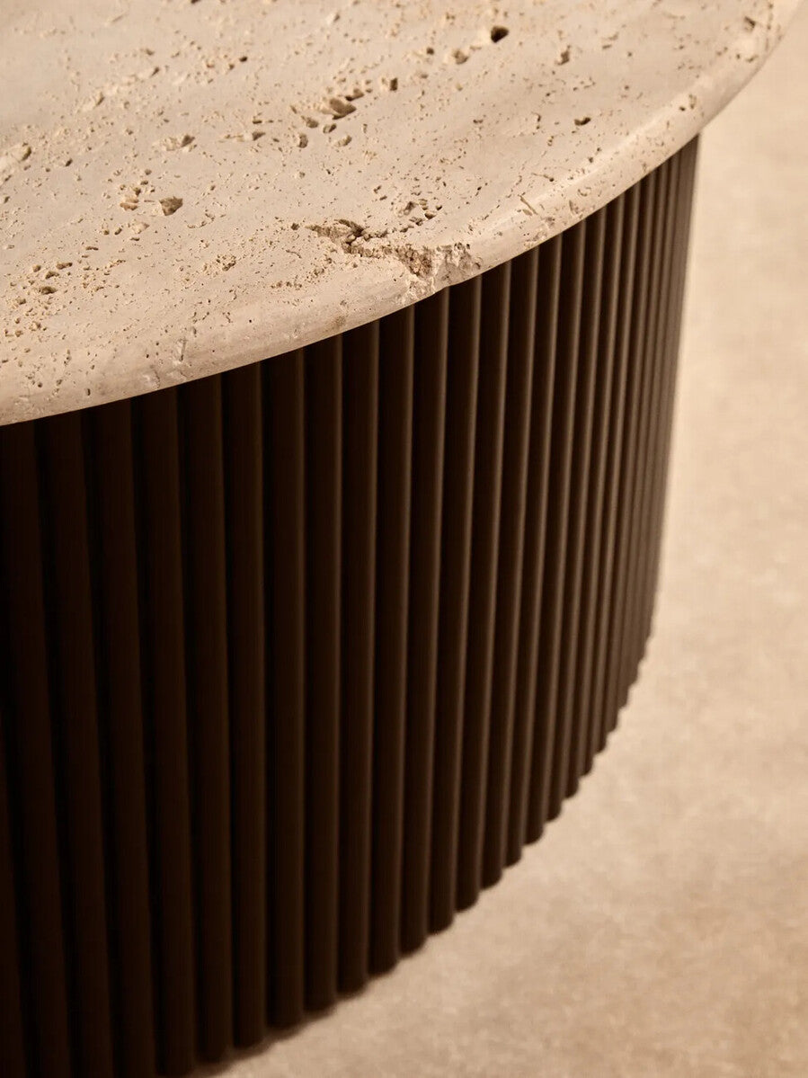 Cream Polished Travertine Top Coffee Table with Ridged Black Acacia Wood Drum Base | Walton