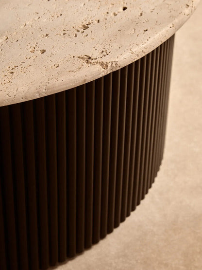 Cream Polished Travertine Top Coffee Table with Ridged Black Acacia Wood Drum Base | Walton