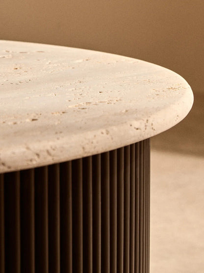 Cream Polished Travertine Top Coffee Table with Ridged Black Acacia Wood Drum Base | Walton