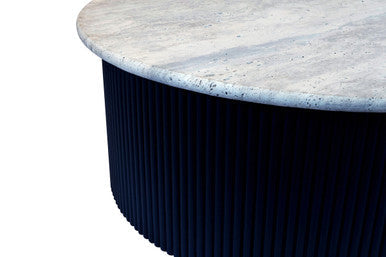 Cream Polished Travertine Top Coffee Table with Ridged Black Acacia Wood Drum Base | Walton