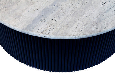 Cream Polished Travertine Top Coffee Table with Ridged Black Acacia Wood Drum Base | Walton