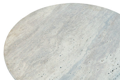 Cream Polished Travertine Top Coffee Table with Ridged Black Acacia Wood Drum Base | Walton