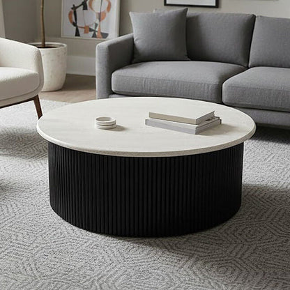 Cream Polished Travertine Top Coffee Table with Ridged Black Acacia Wood Drum Base | Walton