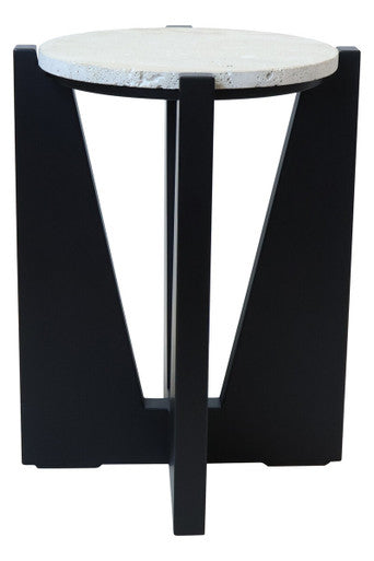 Cream Travertine Top Side Table with Black Acacia Wood Geometric Frame | Winton