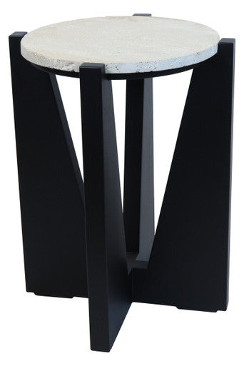Cream Travertine Top Side Table with Black Acacia Wood Geometric Frame | Winton