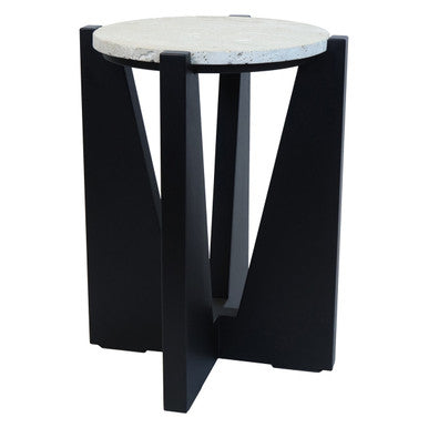 Cream Travertine Top Side Table with Black Acacia Wood Geometric Frame | Winton
