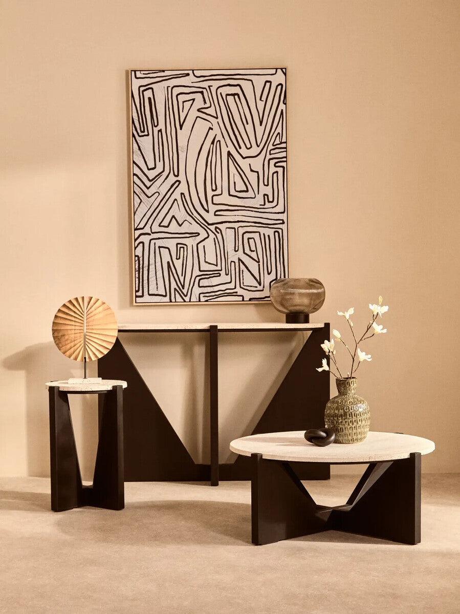 Cream Travertine Top Side Table with Black Acacia Wood Geometric Frame | Winton
