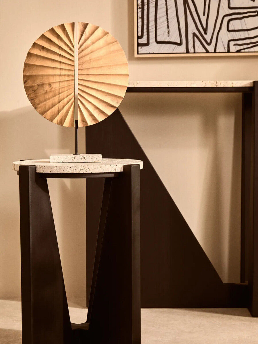 Cream Travertine Top Side Table with Black Acacia Wood Geometric Frame | Winton
