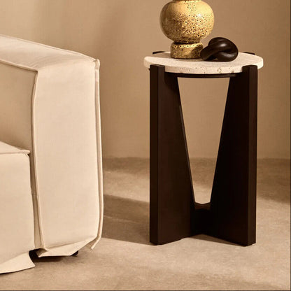 Cream Travertine Top Side Table with Black Acacia Wood Geometric Frame | Winton