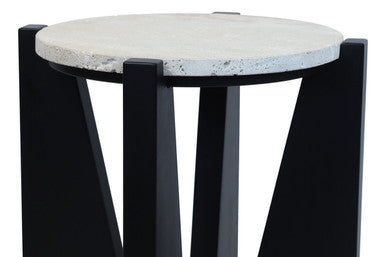 Cream Travertine Top Side Table with Black Acacia Wood Geometric Frame | Winton
