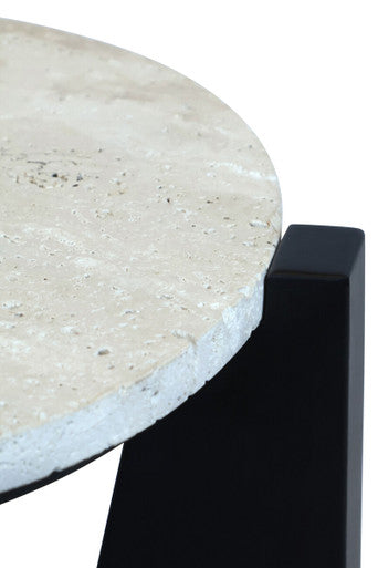 Cream Travertine Top Side Table with Black Acacia Wood Geometric Frame | Winton