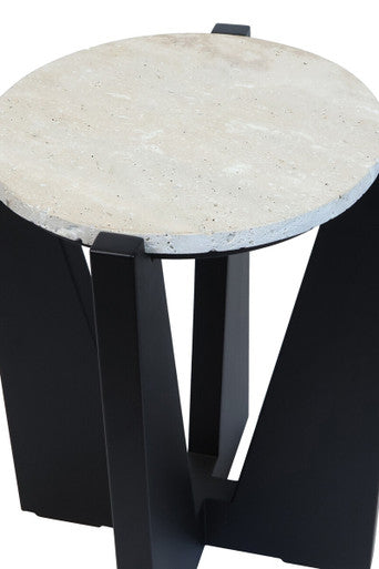 Cream Travertine Top Side Table with Black Acacia Wood Geometric Frame | Winton