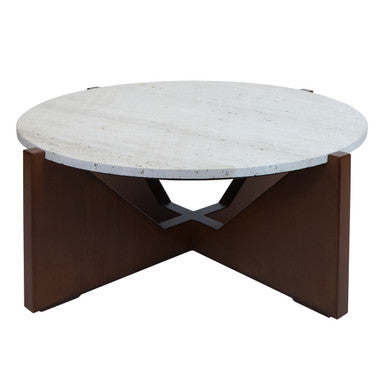 Cream Travertine Top Coffee Table with Brown Acacia Wood Geometric Frame | Winton