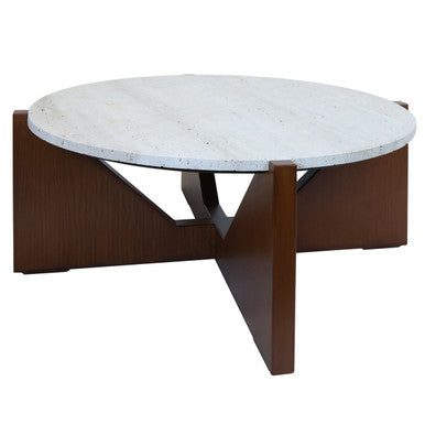 Cream Travertine Top Coffee Table with Brown Acacia Wood Geometric Frame | Winton