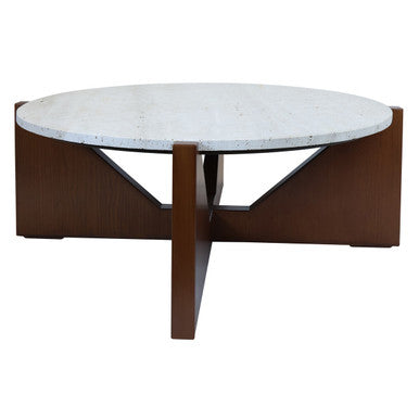 Cream Travertine Top Coffee Table with Brown Acacia Wood Geometric Frame | Winton