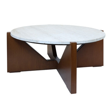 Cream Travertine Top Coffee Table with Brown Acacia Wood Geometric Frame | Winton