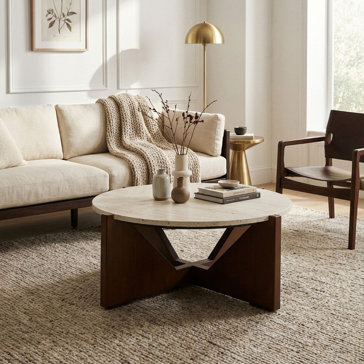 Cream Travertine Top Coffee Table with Brown Acacia Wood Geometric Frame | Winton