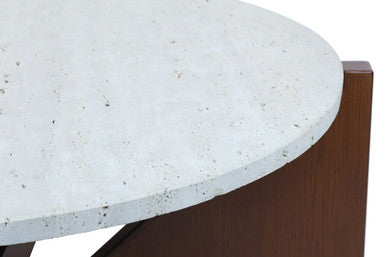 Cream Travertine Top Coffee Table with Brown Acacia Wood Geometric Frame | Winton