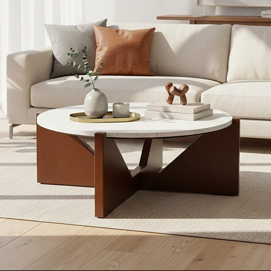 Cream Travertine Top Coffee Table with Brown Acacia Wood Geometric Frame | Winton