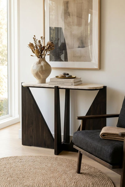 Cream Travertine Top Console Table with Black Acacia Wood Frame | Winton