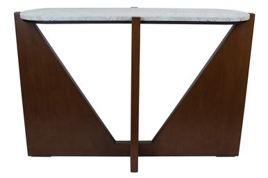 Cream Travertine Top Console Table with Brown Acacia Wood Frame | Winton