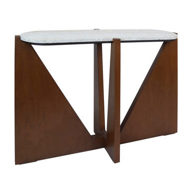 Cream Travertine Top Console Table with Brown Acacia Wood Frame | Winton