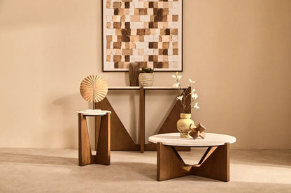 Cream Travertine Top Console Table with Brown Acacia Wood Frame | Winton