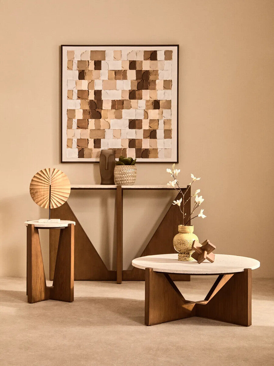 Cream Travertine Top Console Table with Brown Acacia Wood Frame | Winton