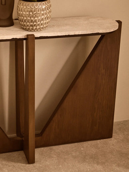 Cream Travertine Top Console Table with Brown Acacia Wood Frame | Winton