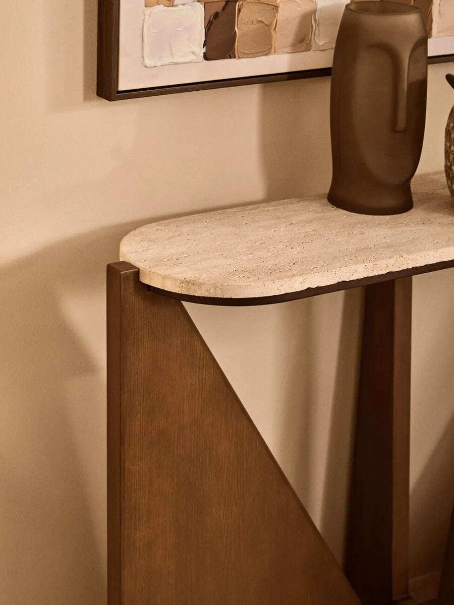 Cream Travertine Top Console Table with Brown Acacia Wood Frame | Winton